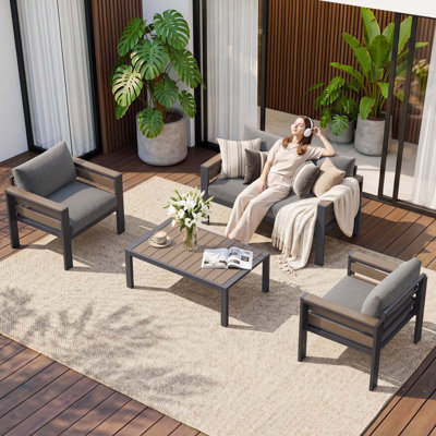 4 Piece Aluminum Patio Furniture Set, Modular Outdoor Conversation Set With Thick Cushions For Patio, Balcony, Backyard