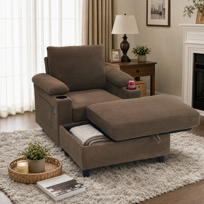 Chaise d'appoint avec repose-pieds avec rangement, méridienne convertible simple avec dossier inclinable, porte-gobelets, ports USB-C