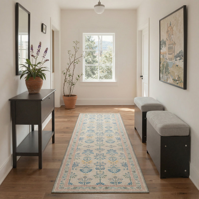 Allsop Verdure Vintage Floral Machine Washable Beige / Blue / Pink Indoor Area Rug with Non-Slip Backing, Runner 2'6" x 8'