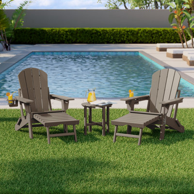 Outdoor Folding Adjustable Adirondack Chair With Hideaway Ottoman & Round Side Table