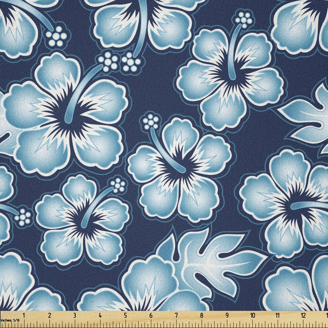 Stoff als Meterware, Hibiscus Hawaii-Blumen, Marine, Dunkelblau Himmelblau