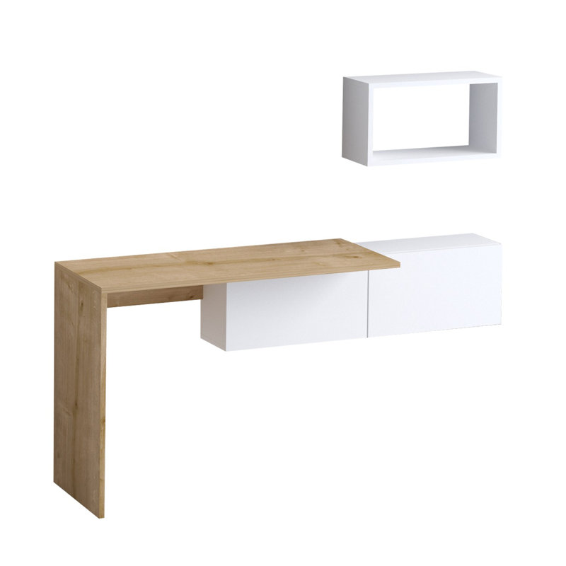 Modern Study Desk with Shelf, White & Oak, 57.1 x 29.1 x 17.7 inches | 100% Melamine Coated Particle Board, Thickness: 0.7 inches | Stylish & Functional Design for Home Office, Perfect for Study Spaces, Durable & Easy to Clean