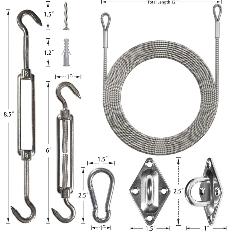 Amgo Hardware Kit Set for Triangle Sun Shade Sails Canopy (6 Inch Hardware Kit + Cables)