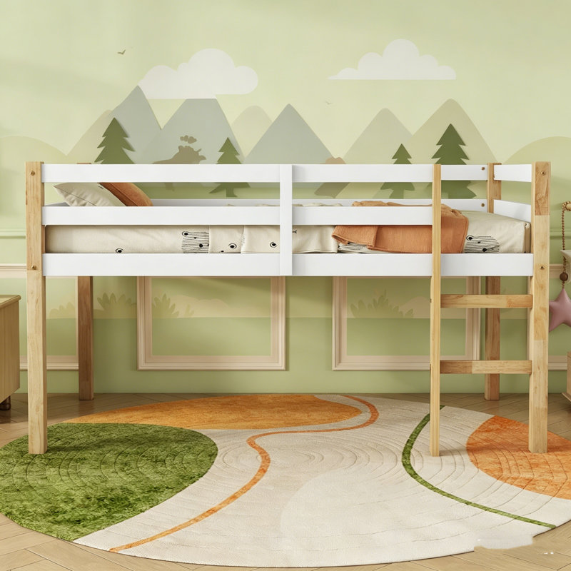 Low Loft Bed Frame, Bed Platform With Safety Guardrails And Ladder, Solid Wood Bed, No Box Spring Needed, Twin And Full, Twin