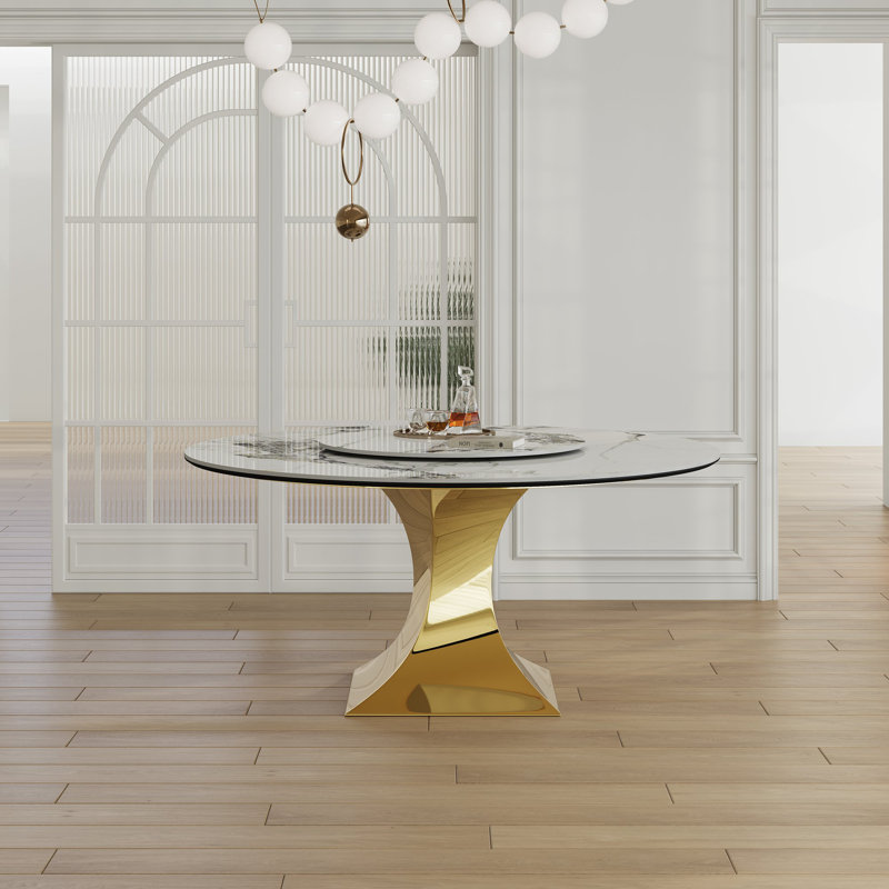 Ensemble de table de salle à manger 59 "en pierre frittée ronde 59" avec base en sablier en acier inoxydable doré - Table de cuisine de luxe moderne d'aspect marbre pour 4-6 personnes, résistante aux égratignures et à la chaleur