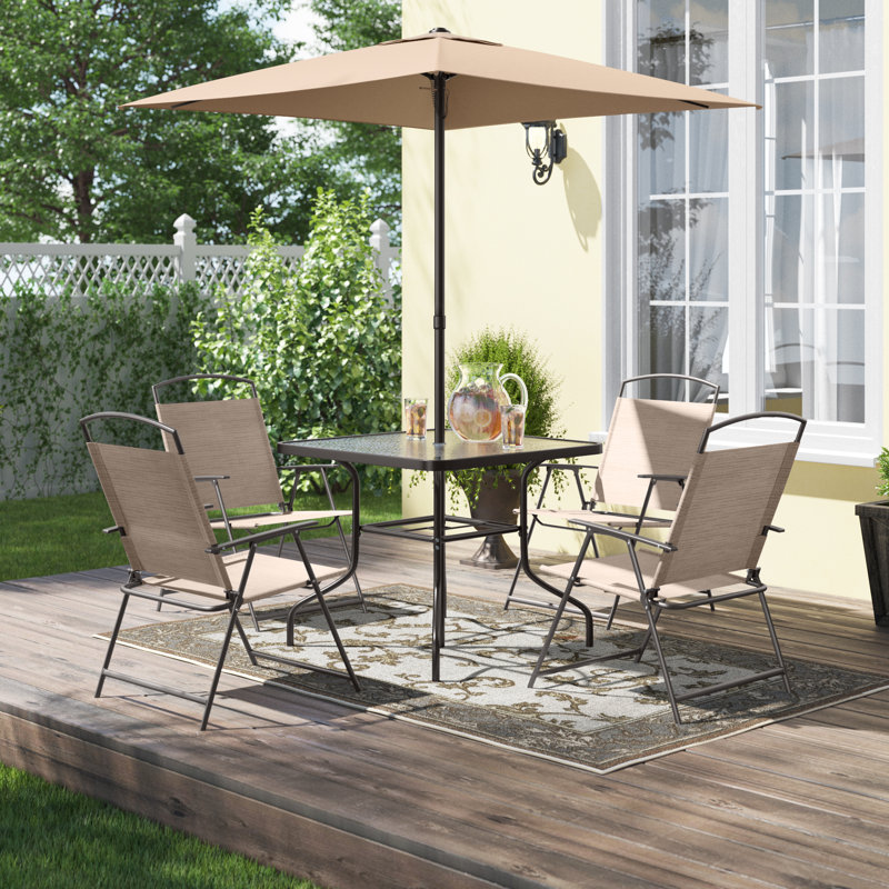 Bendeguz 4 - Person Metal Patio Dining Set with Square Table, Folded Chairs and Market Umbrella, Beige