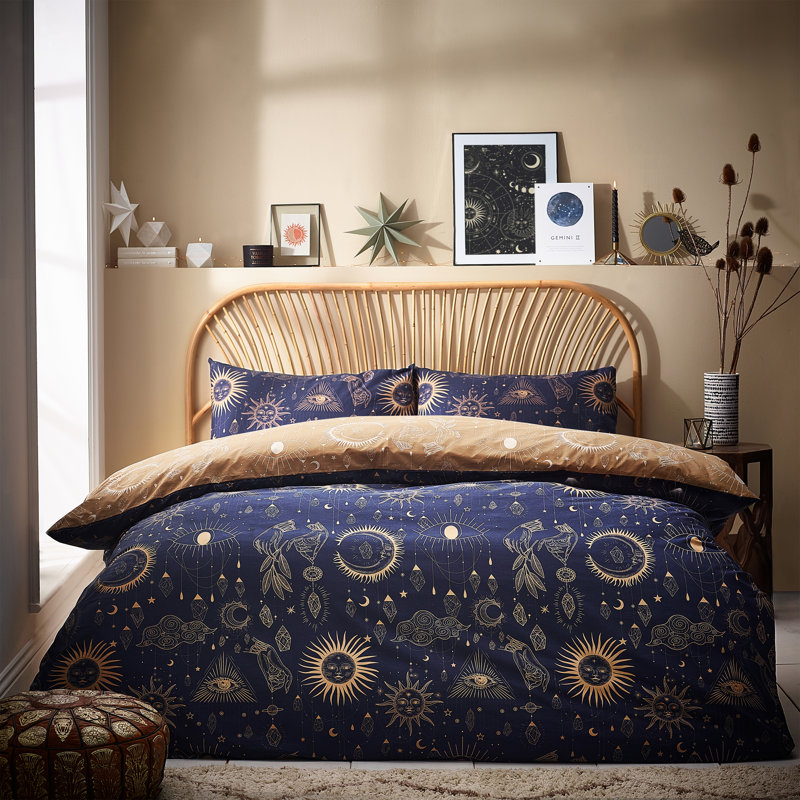 Cotton Blend Abstract Duvet Cover Set with Pillowcases, Single - 1 Standard Pillowcase, Gold/Navy
