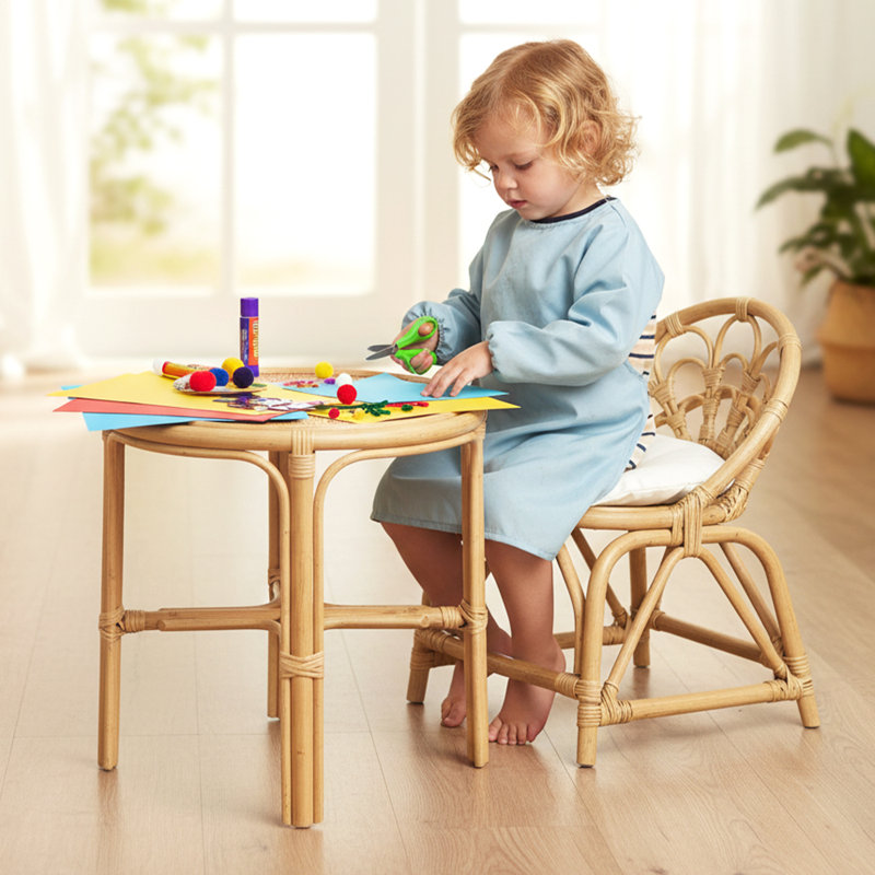Rattan Kids Table Sets With Backrest And Removable Cushion For Playroom/Kids Room/Bedroom, 2