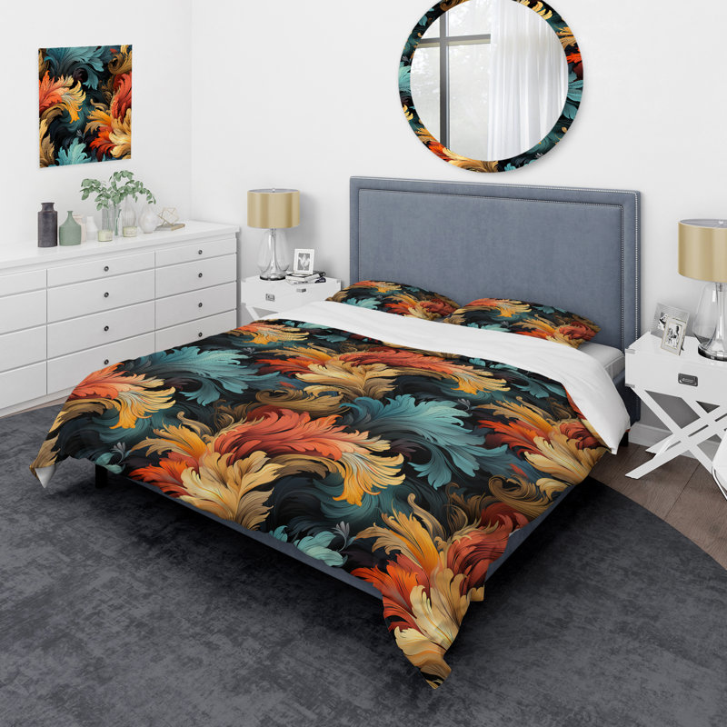 Painterly Damask Colorful Leaves - Ensemble de housse de couette abstrait, Housse de couette simple + 1 taie décorative stan