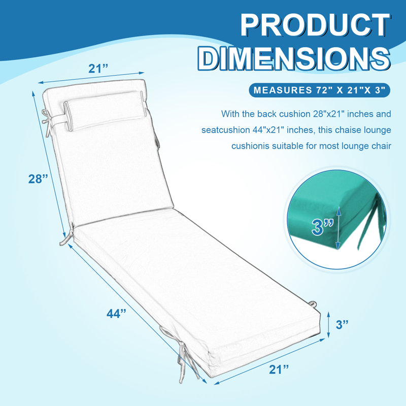 4ps 3-inch Thick Outdoor Lounge Chair Cushion-waterproof And Colorfast, Suitable For Most 72-inch Pool Balcony Chairs., 72" W