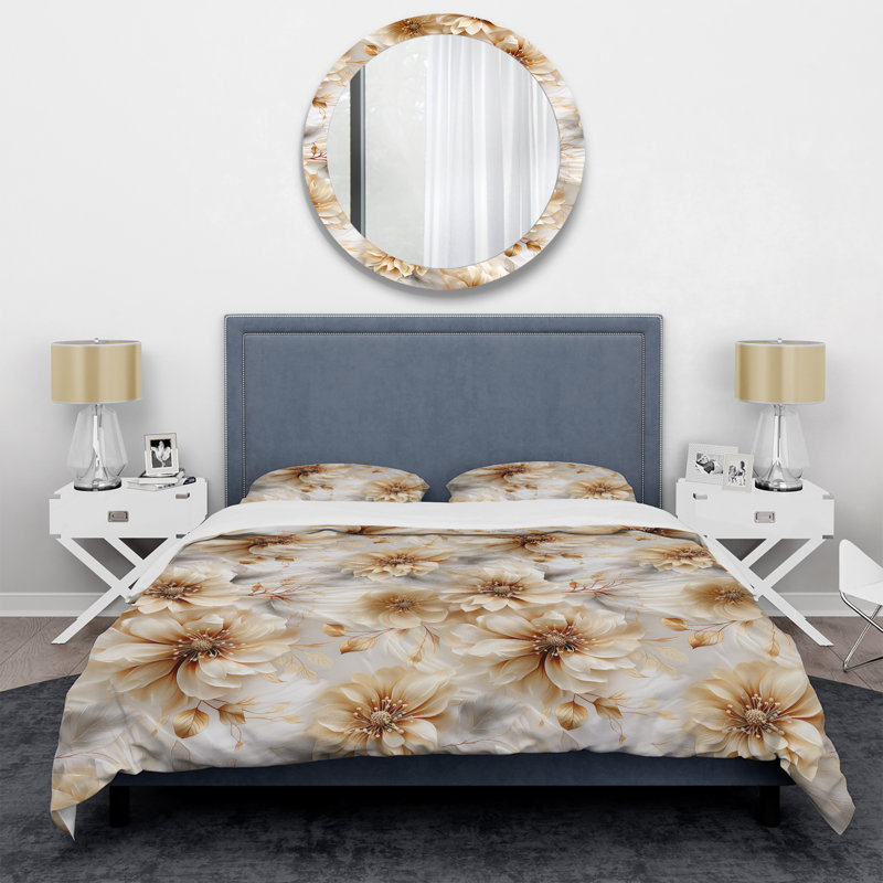 Motif bohème de fleurs de chrysanthème beige - ensemble de housse de couette floral - polyester microfibre