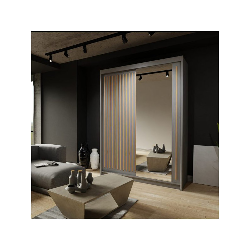 Moscow Sliding Wardrobe with Mirror Modern Bedroom Wardrobe 4 Colours 3 Sizes, 217cm H x 150cm W x 62cm D, Gray