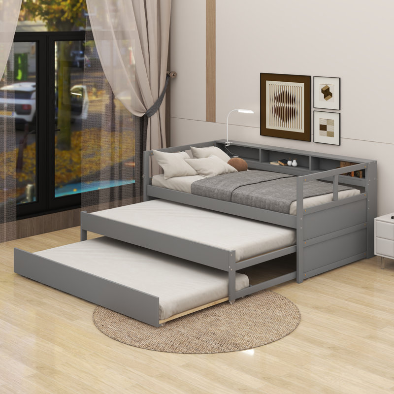 Twin XL Wood Daybed With 2 Trundles, Storage Cubbies, 1 Light For Free And USB, Gray
