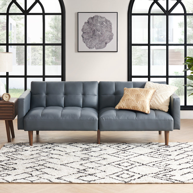 Reiana Twin 76.8'' Faux Leather Convertible Sofa, Cloud Gray Faux Leather