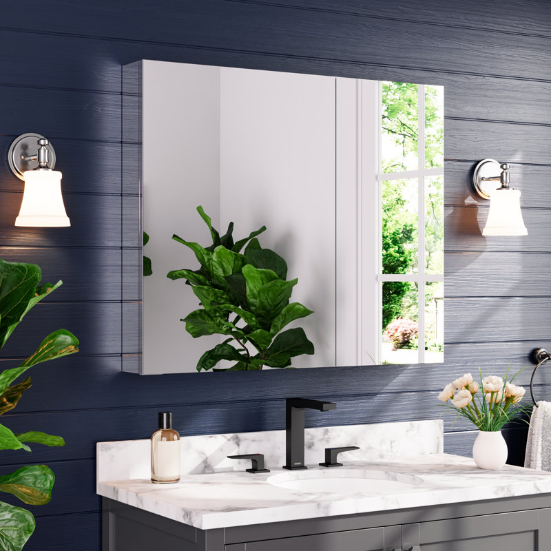 Miroir de salle de bain antidéflagrant avec rangement pour évier, armoire à pharmacie murale avec porte à fermeture en douceur, double pivot