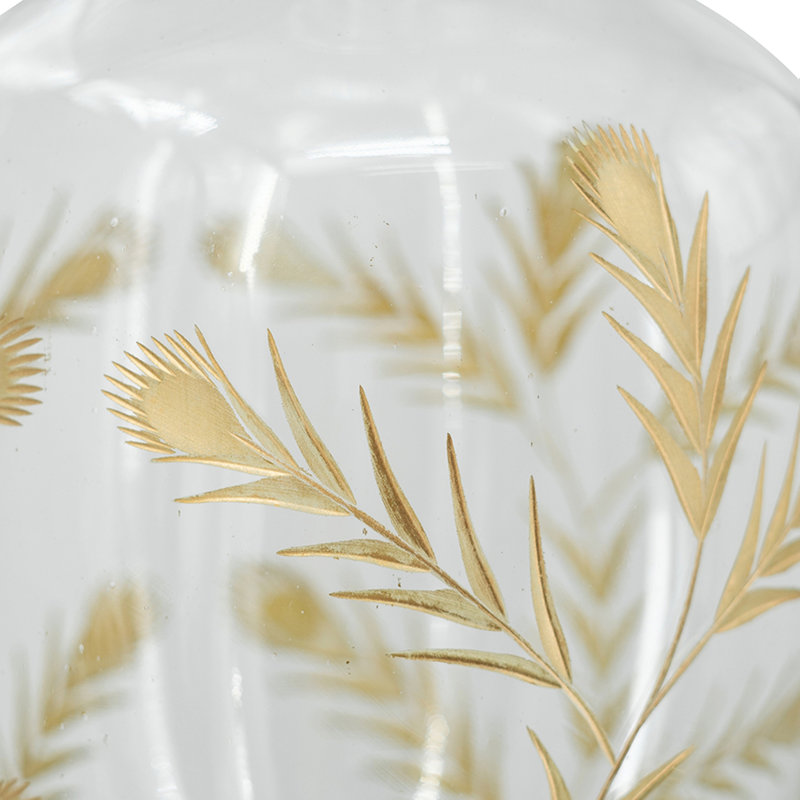D9.1x16.1 "Vase décoratif en verre incurvé avec cou allongé et motifs floraux dorés