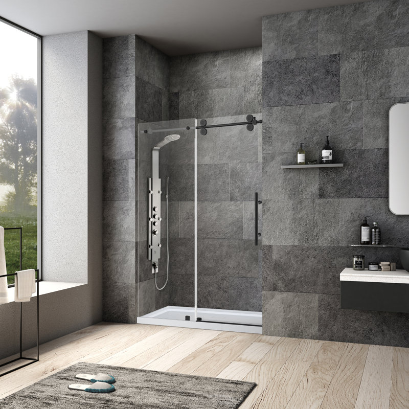 Vinnova Villena 52" Matte Black Frameless Sliding Shower Door
