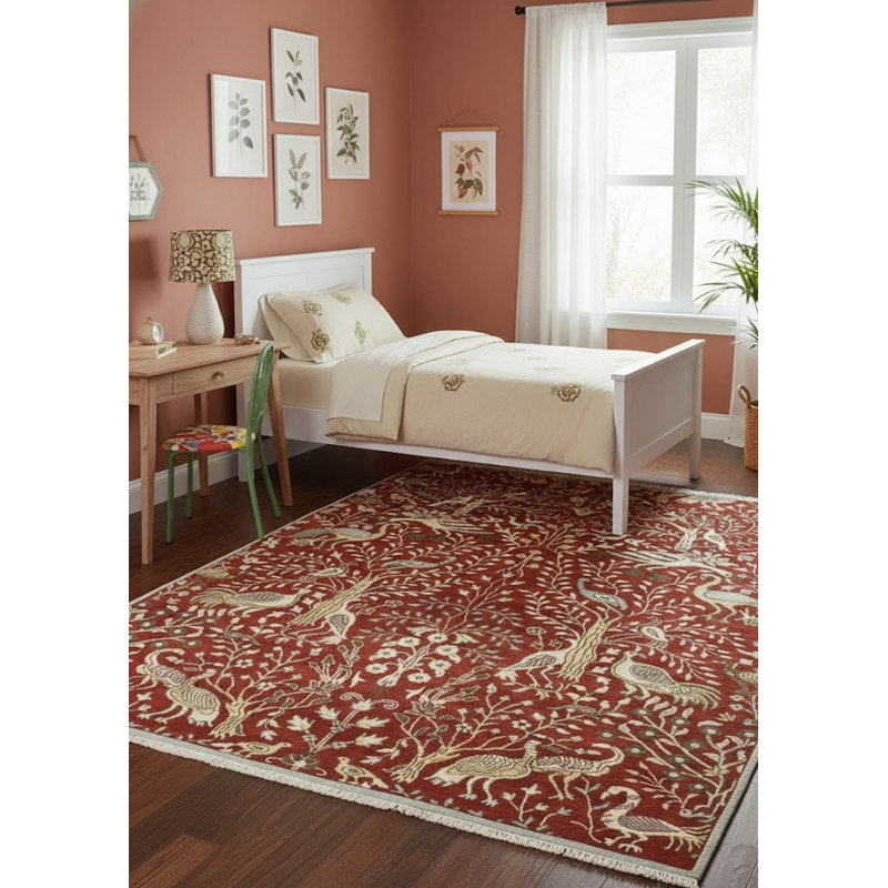 Tapis beige / gris en laine noué à la main à motif floral 5 pi 11 po x 8 pi 9 po Floral