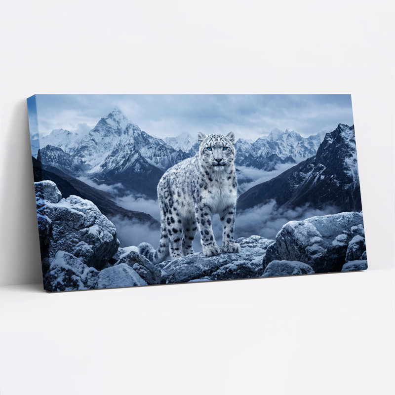 Ensemble de 1 tableau sur toile tendue représentant un léopard des neiges dans un paysage de montagne, H 28 po x l 58 po