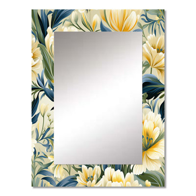 Yuany Yellow And Green Botanical Ikat Haven - Floral Wall Mirror, Cottage Decorative Mirror, Printed Metal Art