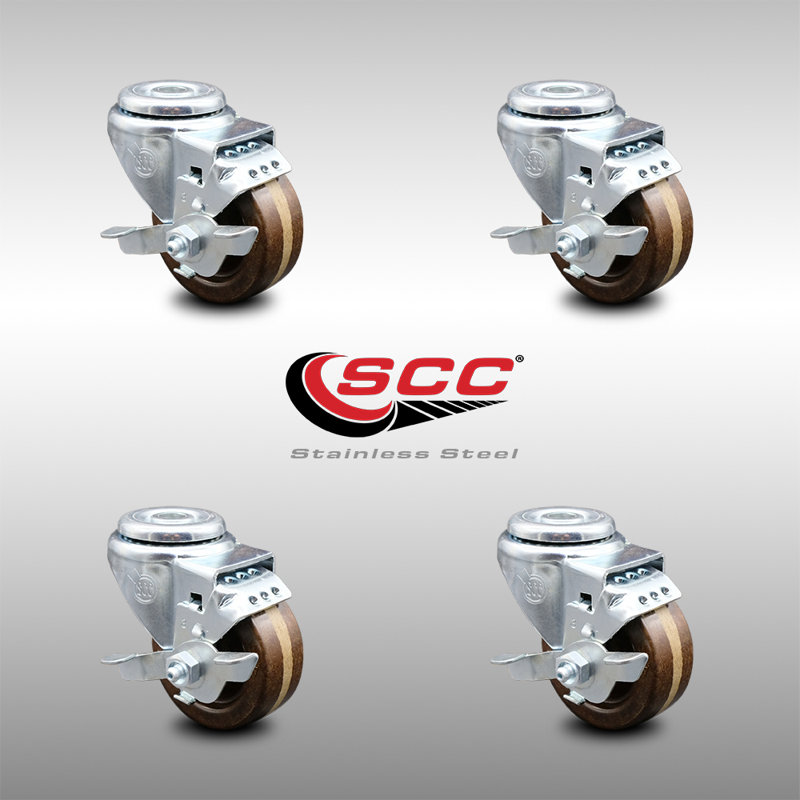 High Temp Phenolic Swivel Bolt Hole Caster Set with Brake