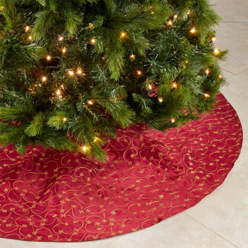 Burgundy Embroidered Polyester Christmas Tree Skirt, 52 Inches