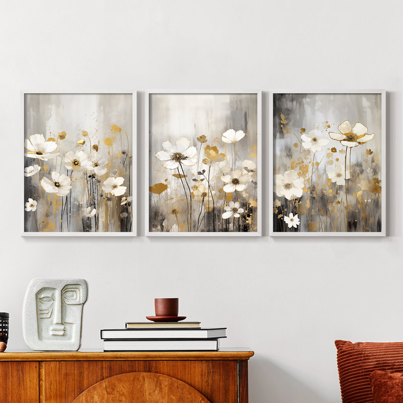 Étude florale CXL -Set de 3 estampes numériques giclées -Prêt à, Cadre blanc, H 20 po x l 16 po