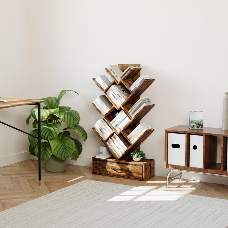 Tree Bookshelf with LED Lights, 7-Tier Bookcase with Fabric Drawer, Narrow Industrial Rack for Small Spaces, Brown