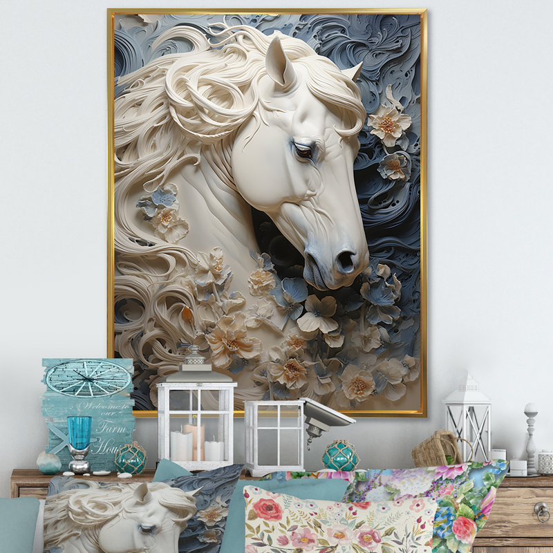 Luscious Unicorn Fantasy Hair - impressions sur toile de licornes, Cadre flottant doré, H 32 po x l 16 po
