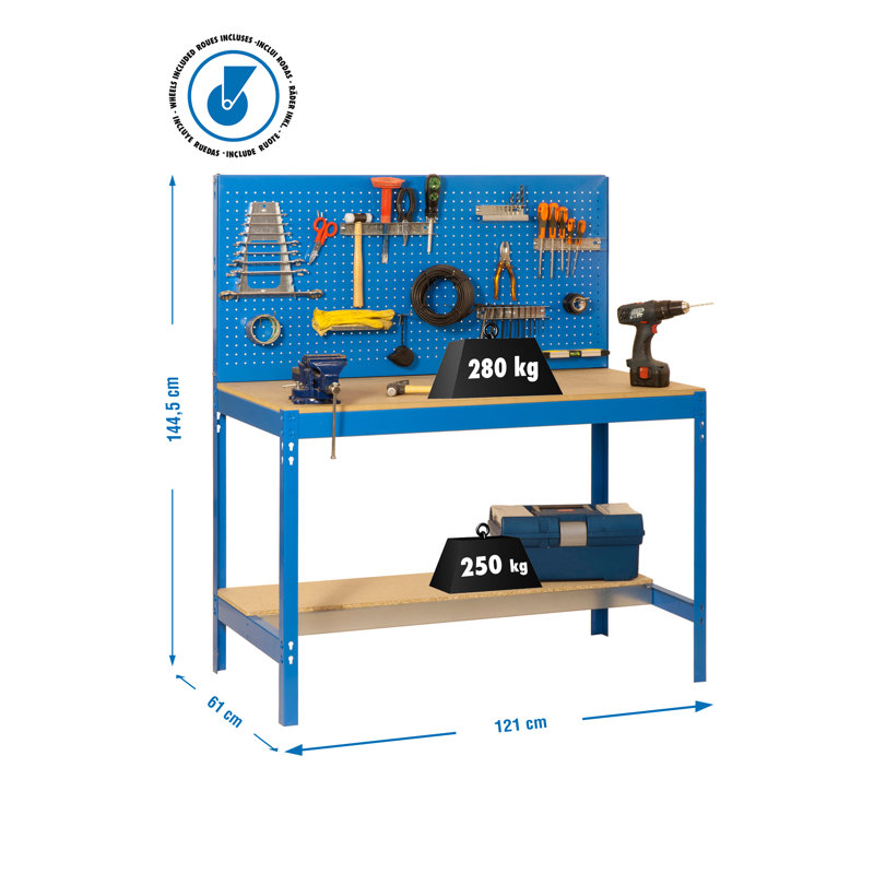Wood Top Workbench with Wheels, 152cm H x 121cm W x 61cm D