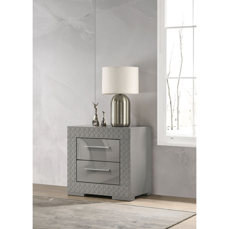 Ives 2-Drawer Nightstand Bedside Table High Gloss, Gray