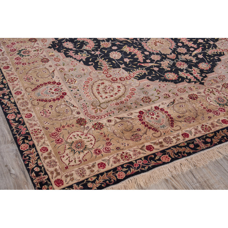 Hand-Knotted Black and Beige Wool Silk Medallion Rug 8' x 10'