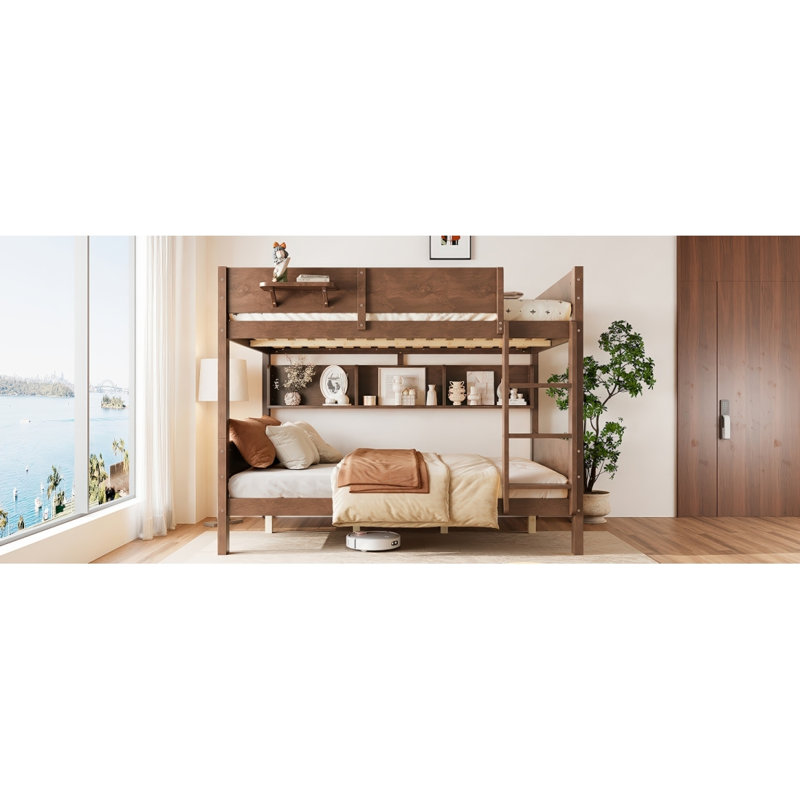 Lit superposé grand sur grand avec plateau pratique, lit superposé en bois massif avec tablettes de rangement et lattes améliorées, brun rétro