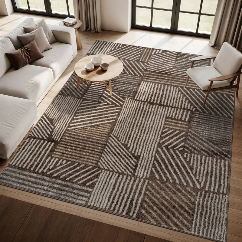 Tapis géométrique noir / ivoire Rambo, Rectangle 7 pi 10 po x 10 pi, Brown