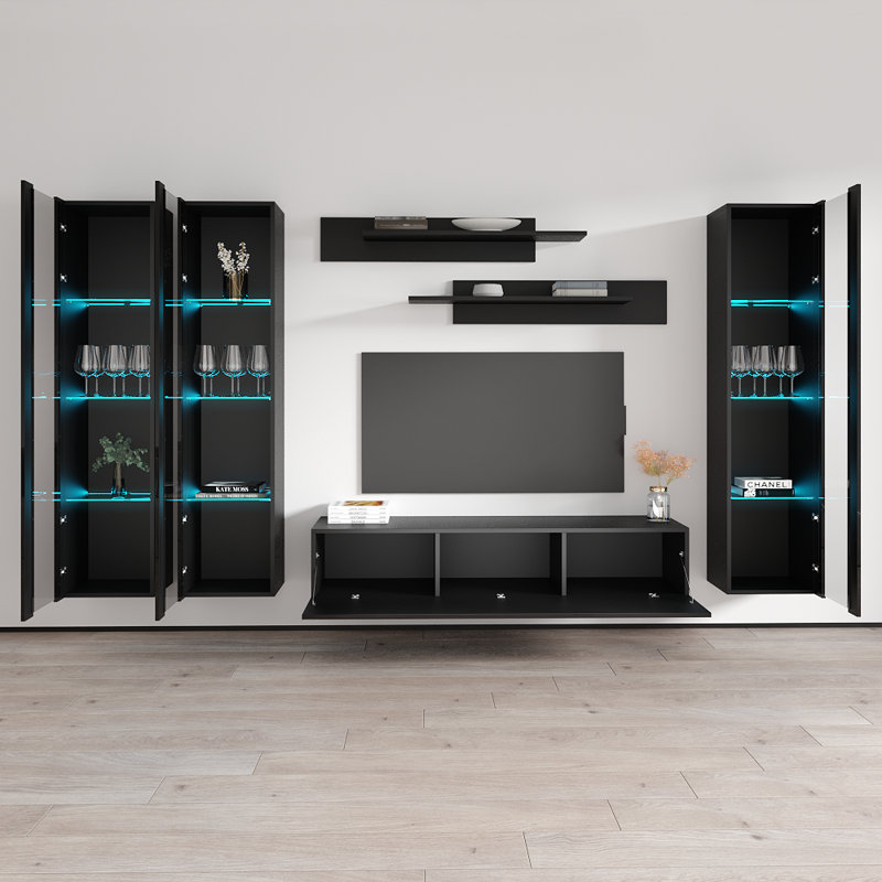 Aubrea 120" Modern Floating Wall Mounted Entertainment Center with 16-Color LED Lighting, High Gloss Finish, Black