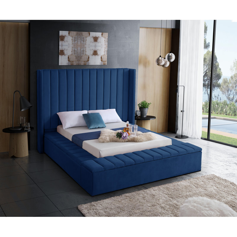 Rick Upholstered Wingback Bed, Full, Navy Velvet