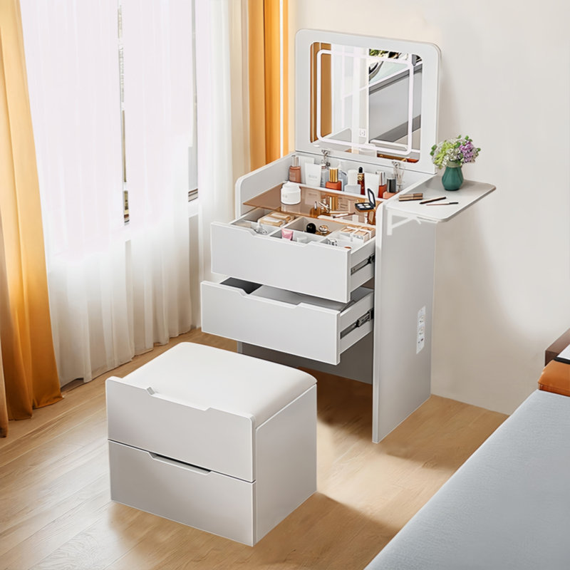 Makeup Vanity Desk With Hidden Panel, Vanity Mirror With Lights,Charging Station,3-In-1 Vanity Set With 3 Drawers,  Vanity,Compact Dressing Table With Hidden Stool,Vanity Desk With Mirror And Lights