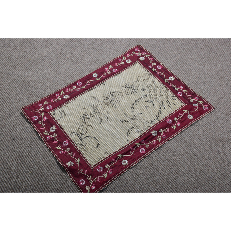 Handmade Antique Turkish Rug with Floral Embroidery, Wool Kilim Perfect for Entryway Decor