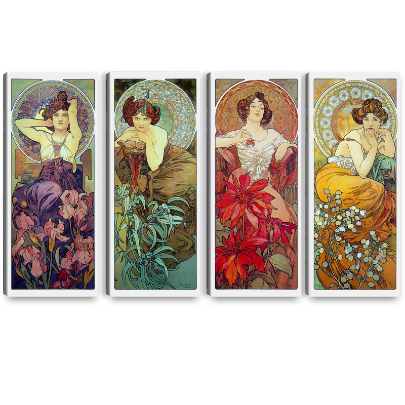 Les pierres précieuses par Alphonse Mucha, art mural pour décorations pour bureau à domicile, estampe numérique sur toile 30 x 12 pouces x 4 pièces (30 x 48 pouces)