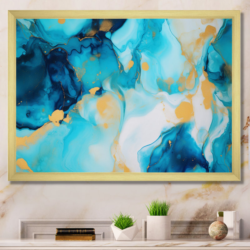 Turquoise luxueux, art fluide abstrait sur toile, H 16 po x l 32 po x P 1 po, Encadrement doré