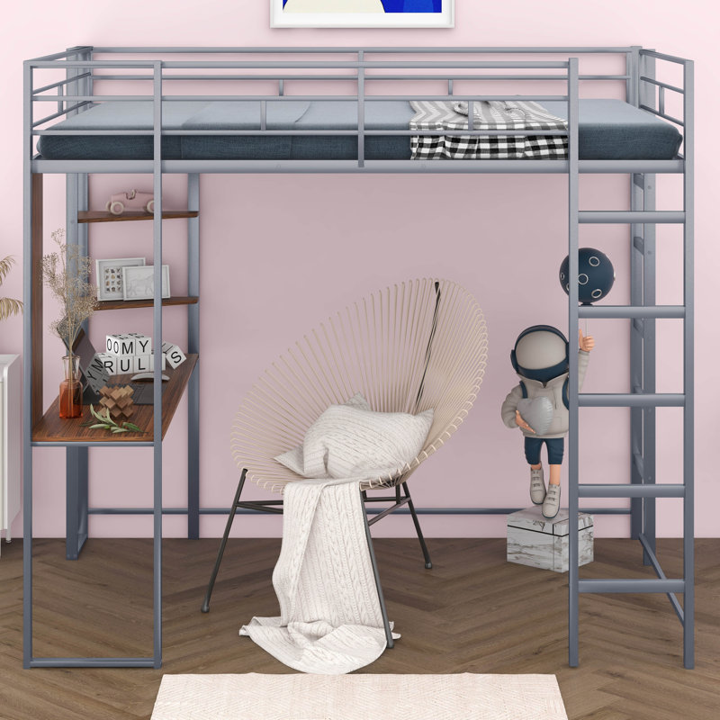 Lit mezzanine en métal avec 2 tablettes et un bureau, Complète, Argent