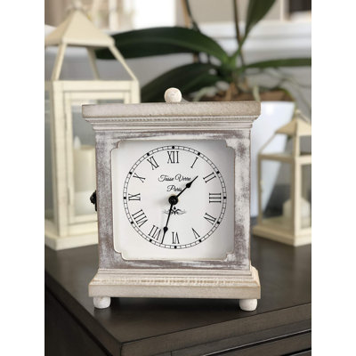 Horloge de table Tasse Verre (silencieuse) pour manteau de cheminée, table ou bureau 9 po x 7 po en bois délavé blanc vieilli - foyer de bureau. AA à pile non numérique, brun clair
