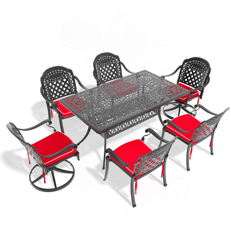Ensemble de salle à manger 7 pièces en fonte d'aluminium toutes saisons comprenant 2 chaises pivotantes, 4 chaises et une table rectangulaire avec cadre noir