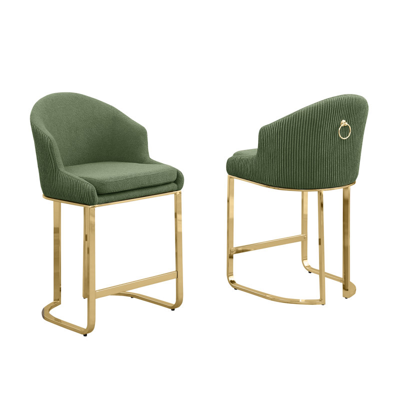 Tabourets de bar et de comptoir en tissu imitation fourrure avec dossier plissé, Vert, Doré