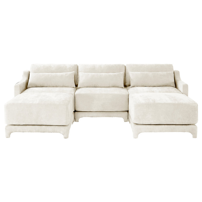 Beige à trois places avec repose-pieds mobiles assortis, coussin lombaire, revêtement en chenille, coussins à haute résilience, structure, accoudoirs modernes en beige, 2 matériaux, éponge de qualité, élégant,