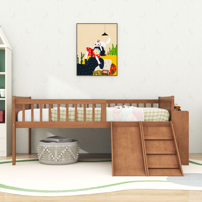 Lit mezzanine simple en bois avec tablette de rangement intégrée et glissade, Noyer clair