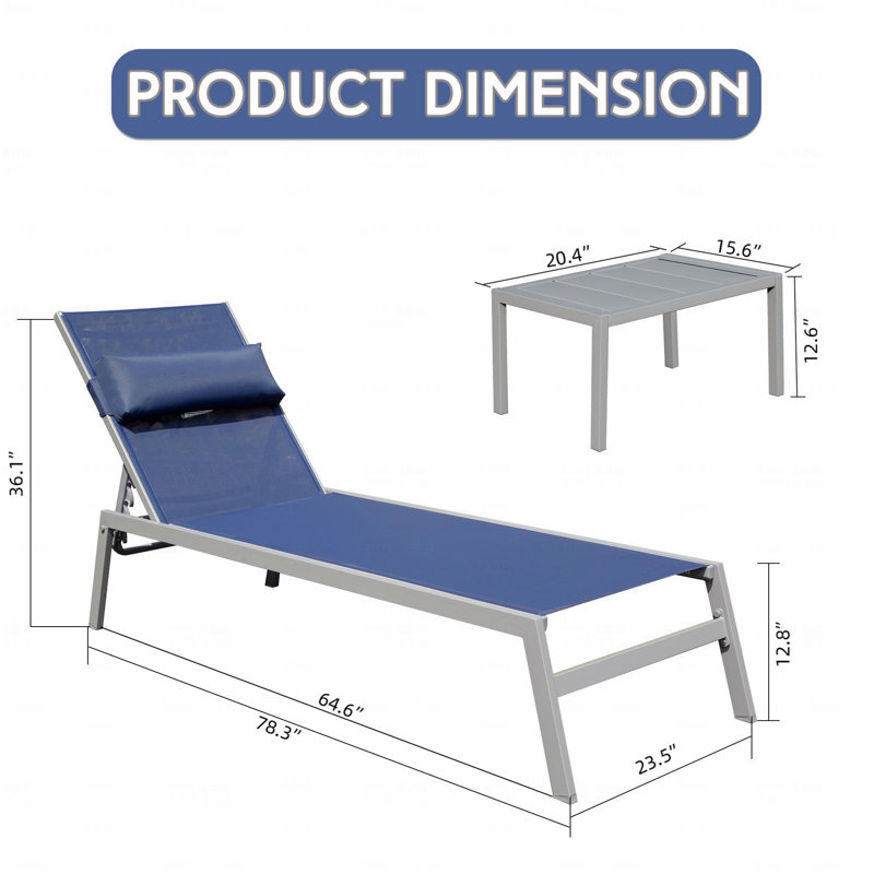 Ensemble de 3 chaises longues de patio, chaises longues de piscine en aluminium avec table d'appoint, fauteuil inclinable d'extérieur réglable