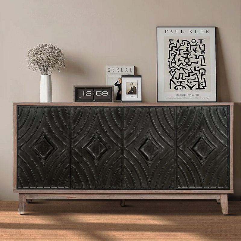 Buffet 60 po, motif de porte à losanges, pieds en bois massif pour le salon / salle à manger - standard, Black