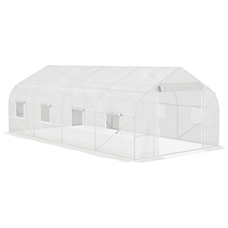 Serre Outsunny, serre de tunnel avec porte en filet à fermeture à glissière et 6 fenêtres en filet, serre chaude pour plante de jardinage avec cadre en acier galvanisé, blanc