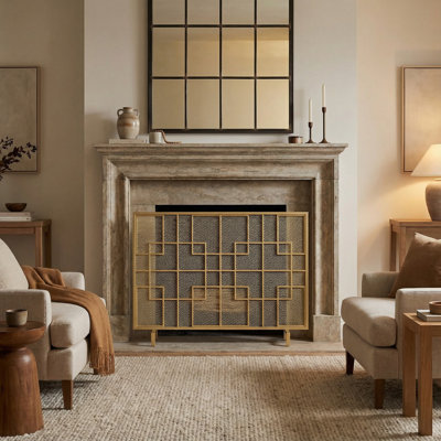 31" H X 41" W Iron Fireplace Screen with Mesh Netting Decorative Guard Cover for Living Room